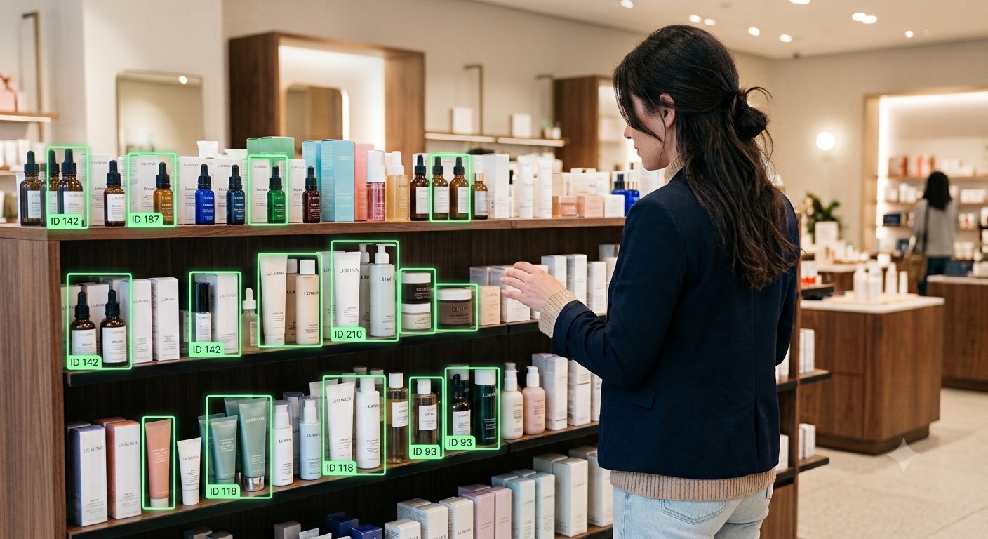 An ordinary cosmetics shelf watched by DubraSolutions — each product boxed and labelled in real time as a shopper reaches in.